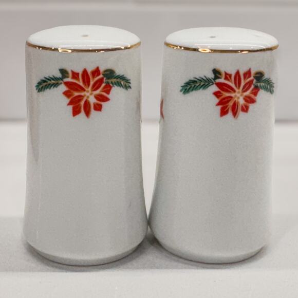 1980's Vintage Poinsettia & Ribbons Fine China Salt & Pepper Shakers, Holiday - Picture 6 of 8